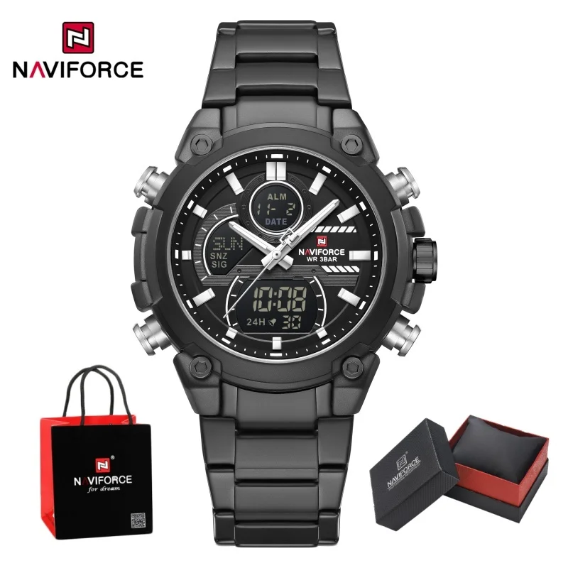 

NAVIFORCE Men's Watch Quartz LCD Digital Dual Display Chronograph Alarm Clock Luxury Military Style Wristwatch Gifts Box for Man