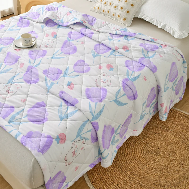 Korean Purple Flower Summer Air Conditioning Quilt Bedroom Comfortable Quilts Breathable Thin Comforter Single Double Blanket