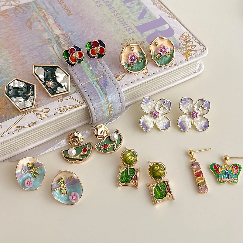 

Real 925 Sterling Silver Vintage Oil Painting Enamel Stud Earrings For Women Trendy Small Niche Luxury Exquisite Accessories