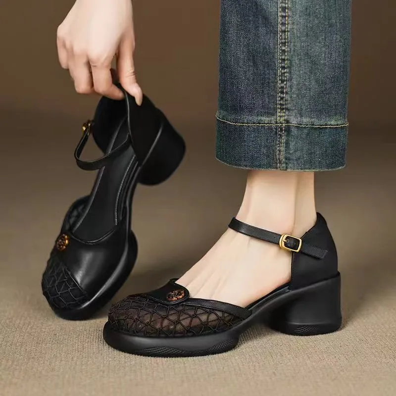 

Женские босоножки на толстом каблуке в сетку, новинка 2023 года, летние туфли на полой одинарной платформе с пряжкой одного слова, туфли-фонарики с круглой головкой