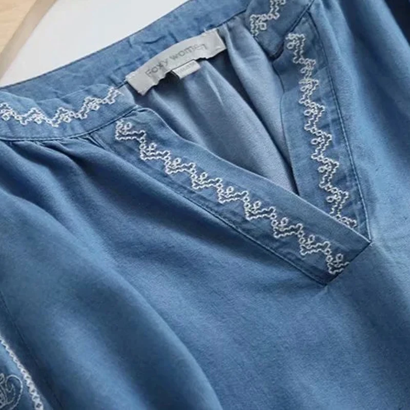 Reglan Lantern Sleeve Denim Shirts Women\'s Summer Soft Jeans Outer Wear Embroidered Casual Loose Blouses Drape Thin Top T37505JC