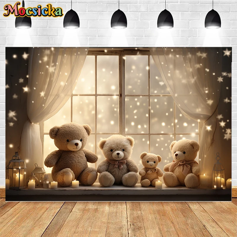 Mocsicka Photography Background Cute Bear Door Window Glitter Decor Kids Birthday Cake Smash Portrait Backdrop Photo Studio