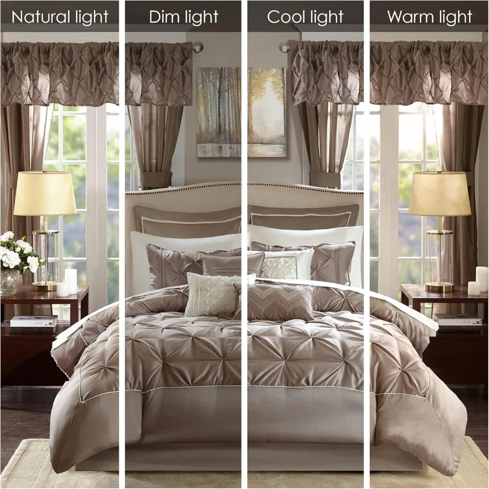 مجموعة لحاف من الحرير الصناعي في حقيبة - فراش Luxe Diamond Tufting لجميع المواسم، ستائر متطابقة، ديكو #2