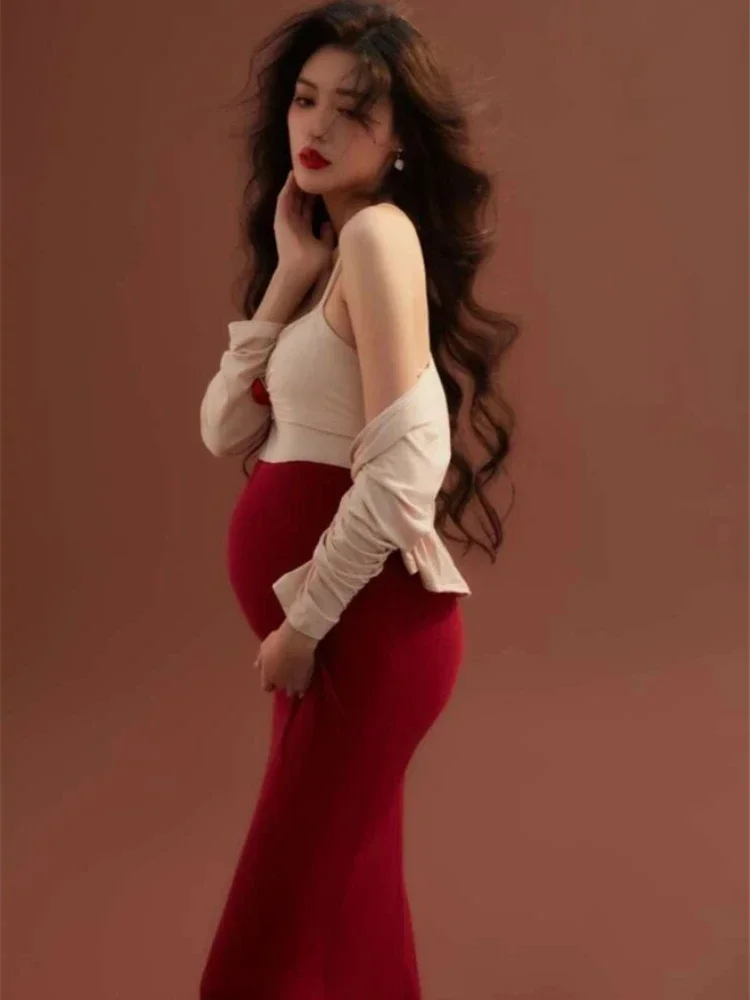 Maternity Women Photography Props Maternity Pregnancy Tank Dress with Cardigans Vintage Maternity Dresses for Photoshoot