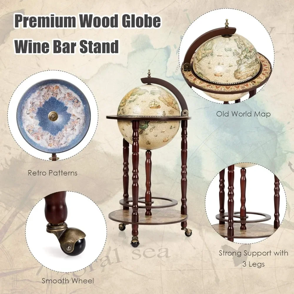 Wood Globe Bar Liquor Cabinet, 16th Century Italian Replica Bar Stand for Liquor, Wine, Stemware, Vintage Alcohol Cart