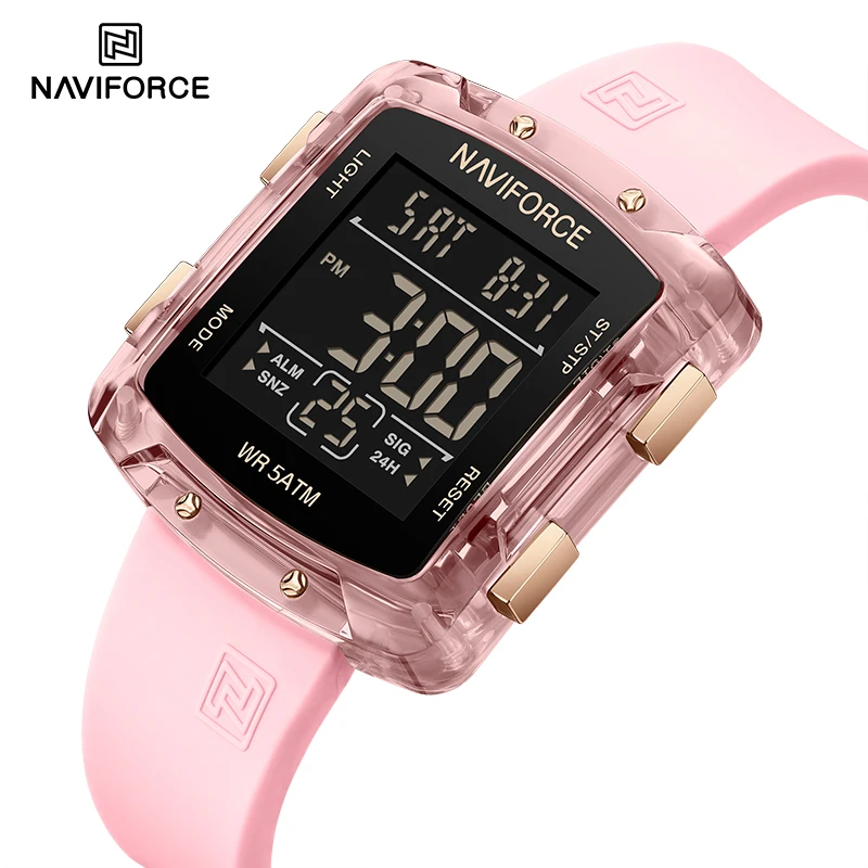 NAVIFORCE Damen-Sportuhren, LCD-Digital-Silikonarmband, 50 m wasserdicht, Damen-Armbanduhr, leuchtender Alarm, elektronische Uhren