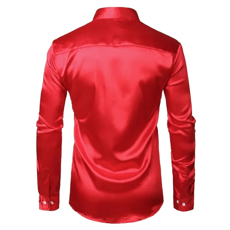 Men's Slim Fit Silk Satin Dress Shirts Wedding Groom Stage Prom Shirt Men Long Sleeve Button Down Shirt Male Chemise Homme Red