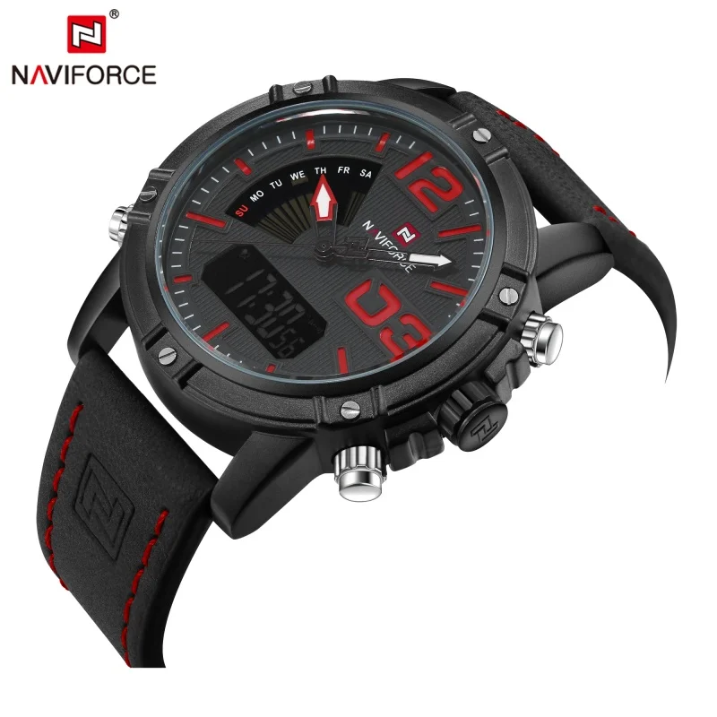 NAVIFORCE Luxus Marke männer Sport Uhren Männer Dual Display LED Digital Wasserdichte Lederband Quarz Militär Uhr Mann Uhr