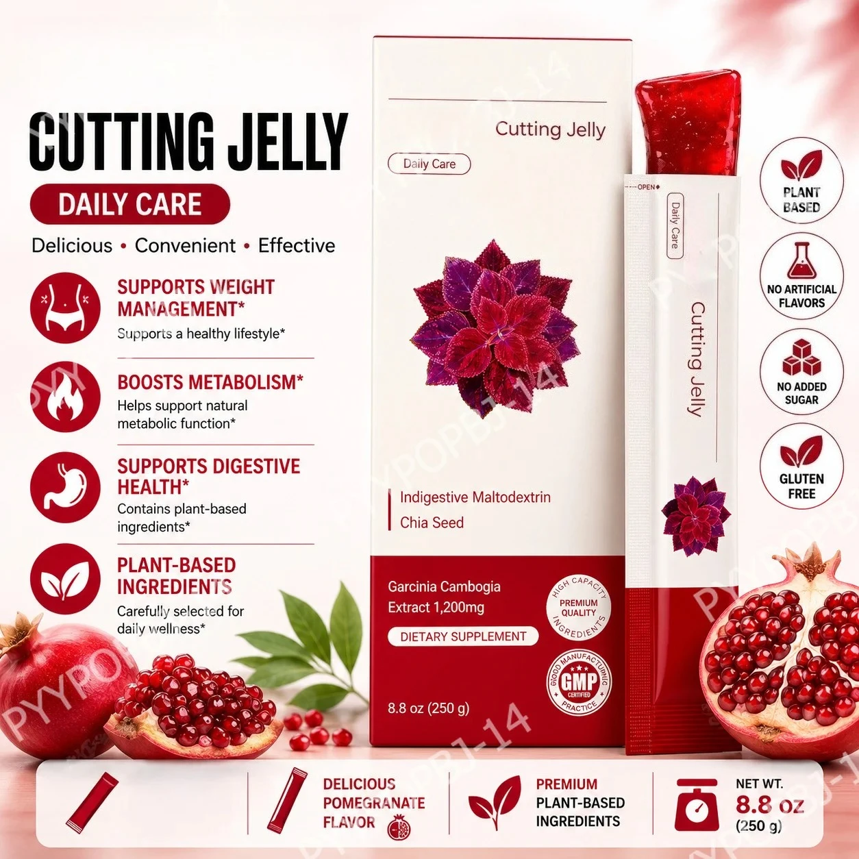 Pomegranate Flavored Wellness Jelly with Garcinia Cambogia Chia Seed Dietary Supplement 10 Sticks  Non-GMO Gluten Free