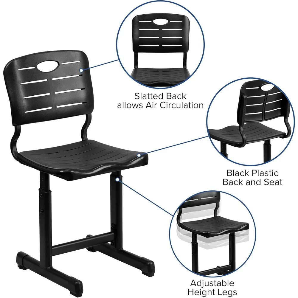 Chaise d'étudiant noire réglable avec cadre sur piédestal, chaise d'étudiant de style moderne pour les niveaux primaire et secondaire, recommandé