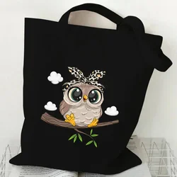 Cartoon Owl borsa da donna con stampa dipinta a mano borsa da Shopping riutilizzabile ad alta capacità borsa da donna in tela animale Kawaii