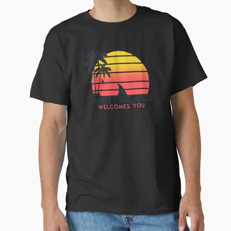 

Amity Island welcomes you Great White Shark Attack 80s Retro Horro Movie Jaws 50Th Anniversary gift t shirt Large size tops