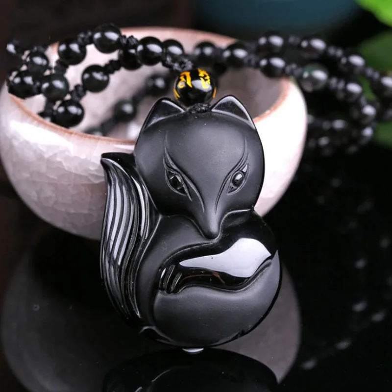 

Simple Fashion Ladies Black Cute Fox Pendant Necklace Gothic Punk Obsidian Jade Pendant Jewelry Party Gift