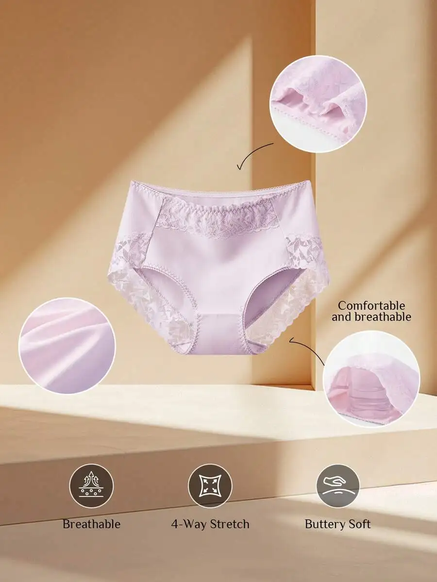 

4 Pieces Womens Lace Spliced Panties, Mid-Rise, Breathable, 4-Way Stretch, Buttery Soft