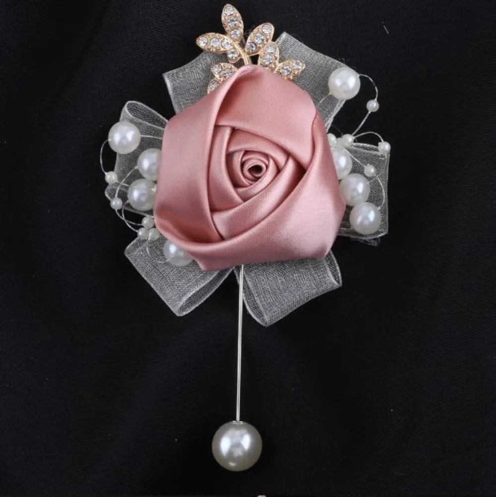 Classic Pink Silk Rose Wedding Boutonniere for Groom Brooch Party Bridal Prom Decoration Accessories Pearls Fake cosas para boda