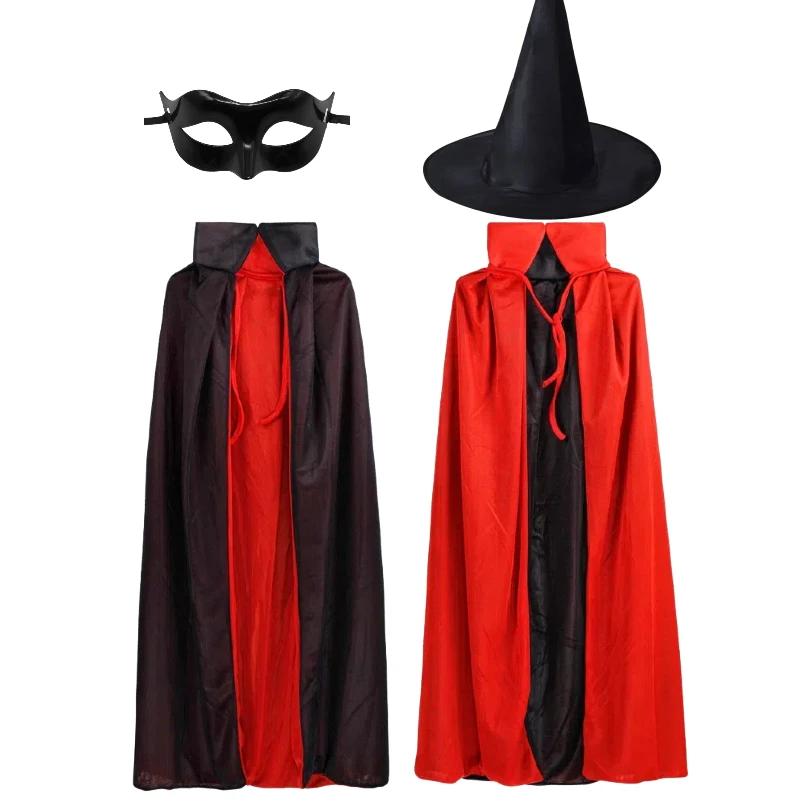 

Halloween Cloak Witch Cosplay Wizard Costume Ghost Vampire Cos Red Black Cape Hat Medieval Scary Role Play Outfit for Kid Adult
