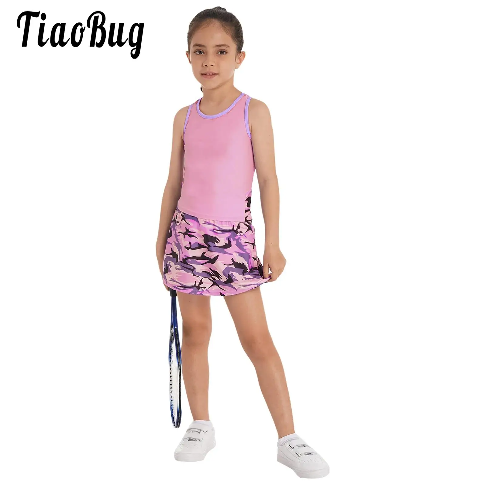 2Pcs Kids Girls Tennis Golf Dress Outfit Sleeveless Racer Back T-shirt and Built-in Shorts Skirts Set for Running Gym Sportswear