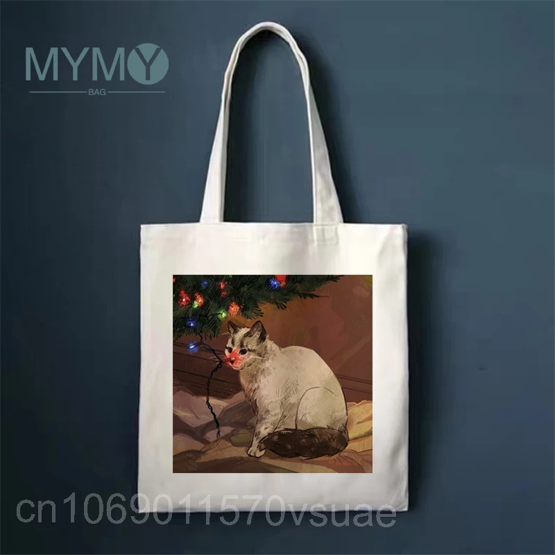 Cute Cat Women Shoulder Bag Harajuku Kawaii Shopper Shopping Bag Ladies Reusable Large Capacity White Handbag Casual Tote Bags