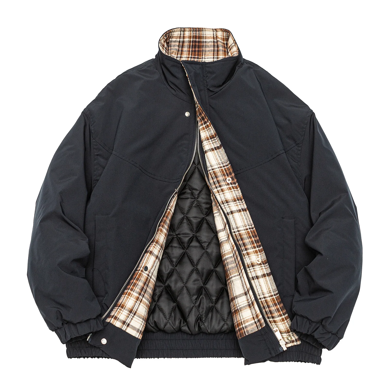 

Winter Thiened Retro Plaid Splicing Workwear Cotton Jaet Loose Fit ex Stand Collar Long Sle Faionable Brand