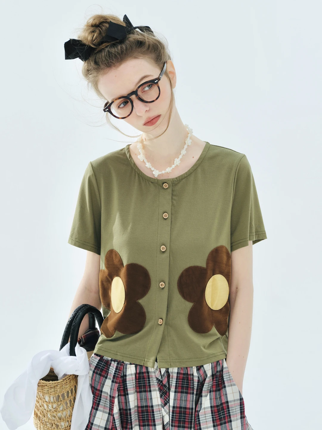 

Japanese Top 2025imakokoni Summer Art Plush Patchwork Knitted Short Sleeve Round Neck Cardigan 255102