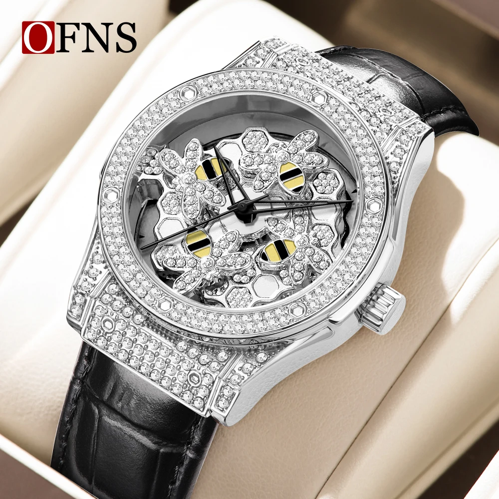 

OFNS 1605 Fashion Women's Quartz Watch Luxury Diamond Rotating Dial Creative Casual Waterproof Women's Elegant Watch