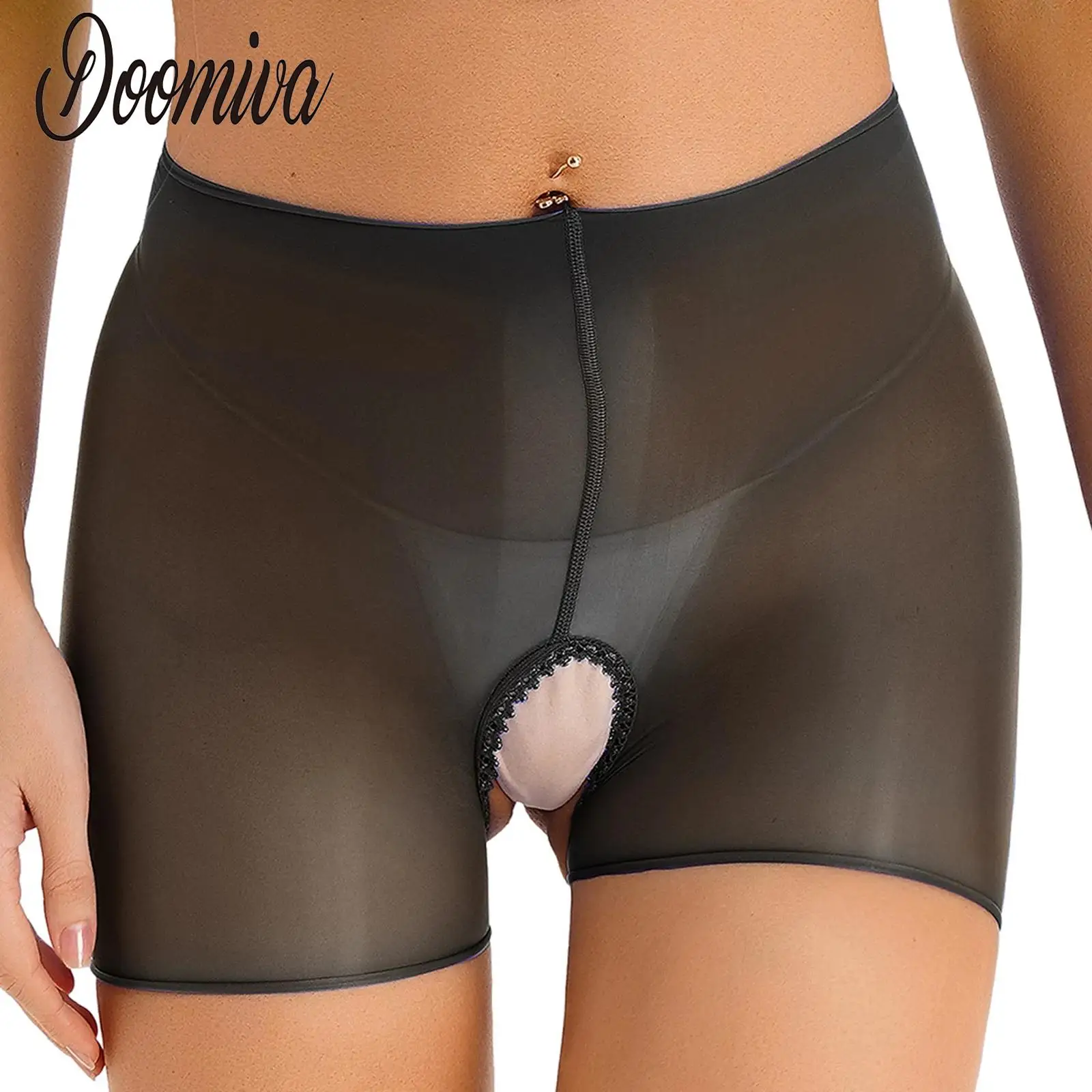 

Women See-through Boxer Shorts Glossy Crotchless Underpants Stretchy Shorts Sheer Underwear Super Thin Lingerie Bottoms