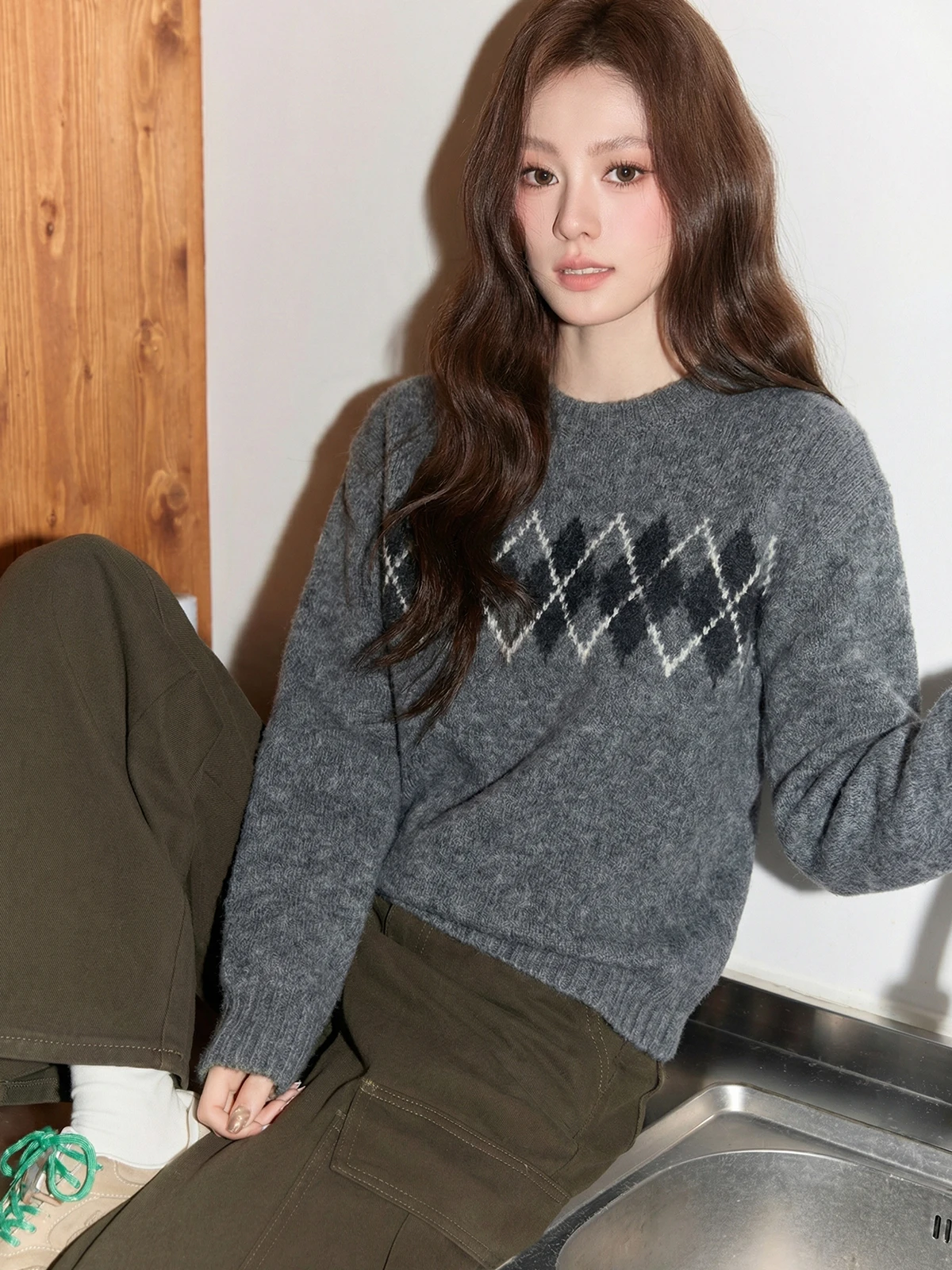 

Retro Fair Isle Diamond Pattern Women's Knitwear Soft Cozy Loose Fit Winter Inner Wear Korean Sle Long Sve Top