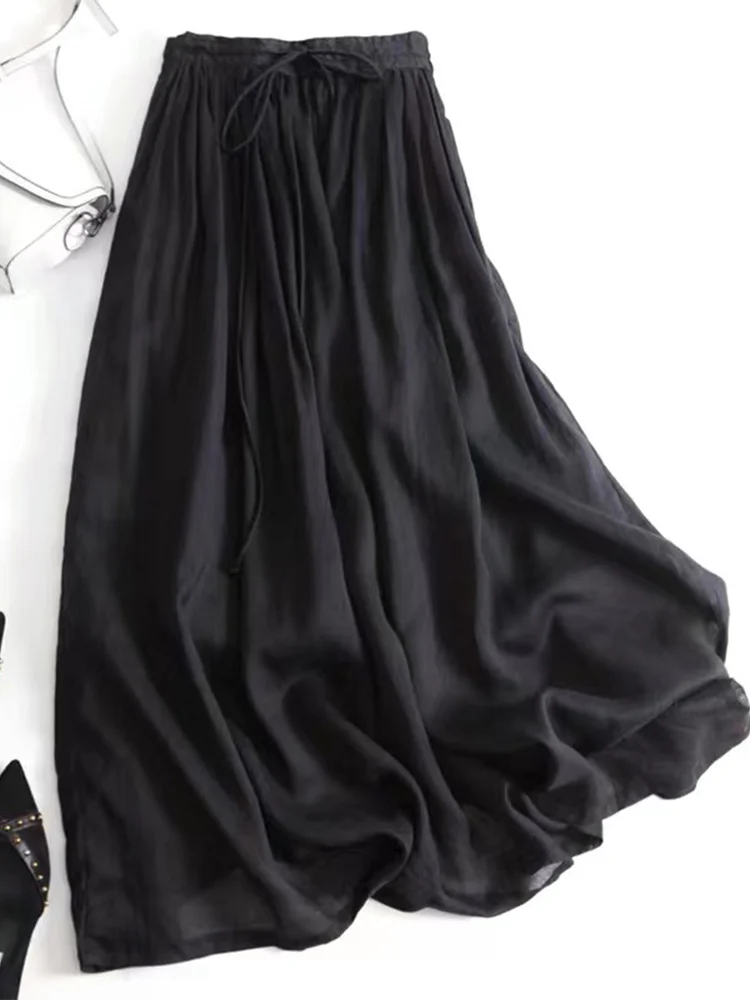 Gonna longuette a trapezio a vita alta, tessuto misto lino, colore, gonna con cintura, gonna lunga, collezione estiva