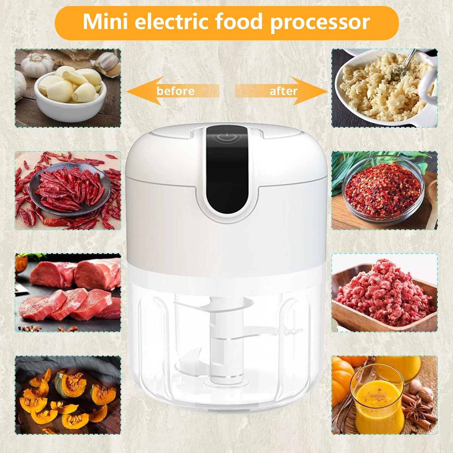 

Мини-кухонный комбайн, 250 мл, портативный беспроводной измельчитель еды, мясорубка, лезвия из нержавеющей стали, питание от аккумулятора, зарядка через USB