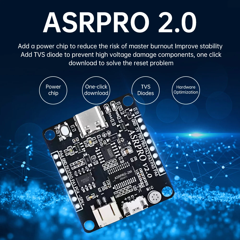 Image of ASR PRO2.0 Spracherkennungsmodul-Entwicklungsplatine, offline, intelligentes Spracherkennungsmodul, Kernplatine mit integriertem 2 MB/4 MB