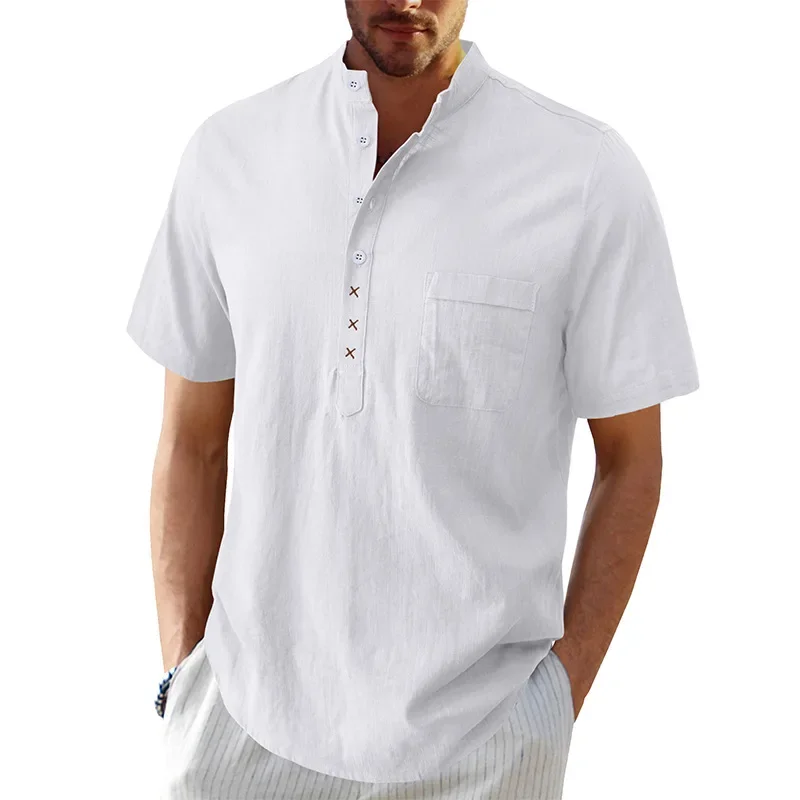 

2025 Men's Solid Color Cotton Linen Short Sleeve Shirts Vacation Beach Summer Tops with Pocket Casual Lightweight Button Shirts
