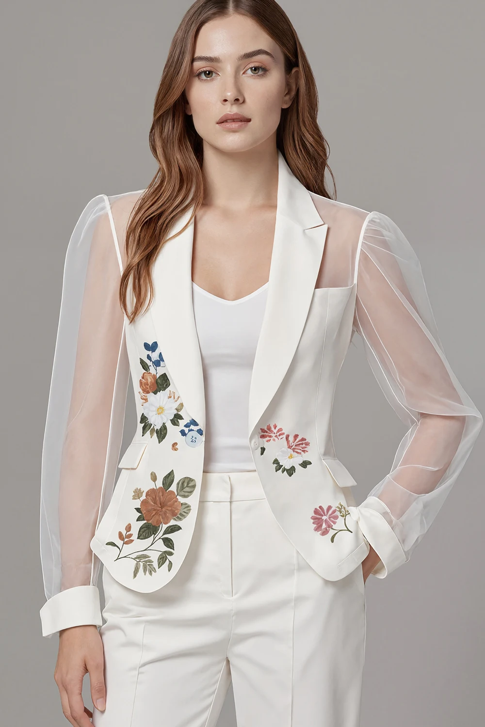 

Women Floral Pritned Jacket Sheer Puff Sleeve Turn Down Collar Office Lady Elegant Tailored Coat Long Sleeve Female Outerwear