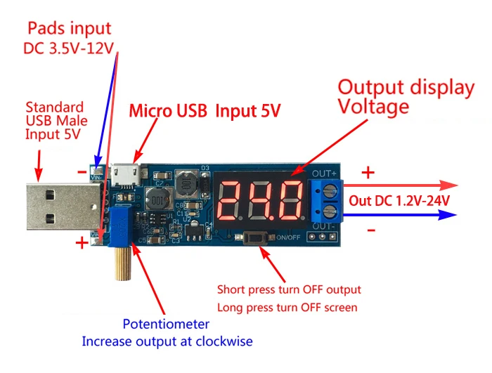 USB DC Boost Buck Converter DC-DC 5 В в 3,3 В/24 В USB Boost Power Supply Module USB DC Converter 12 В Регулируемый выход DC 1,2 В-24 В