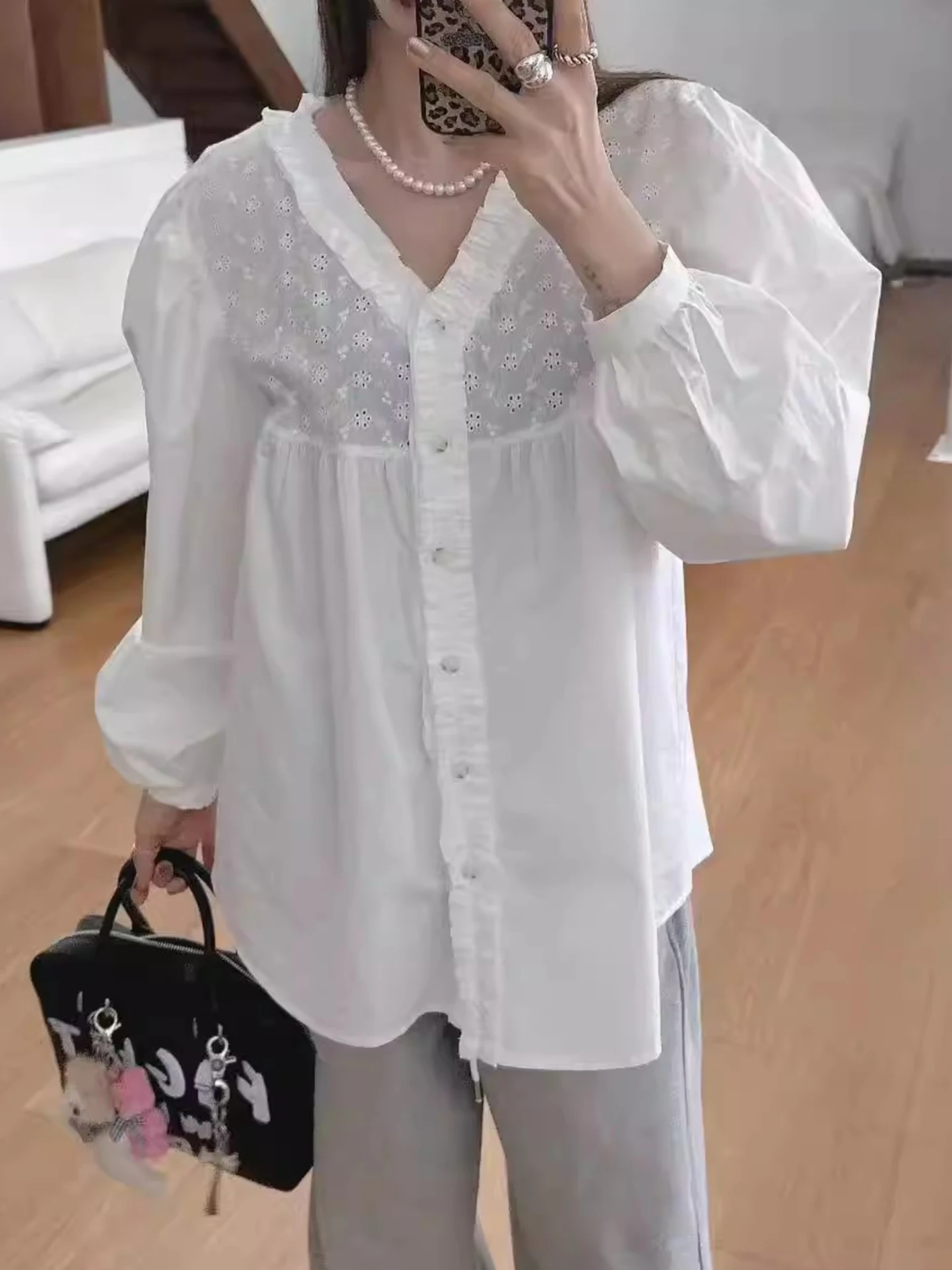 

Liangliang Home Gentle Sle Lace Hollow Splicing Long Sve irt Women's Spring Loose Thin Sun Protection Top Breathable P...