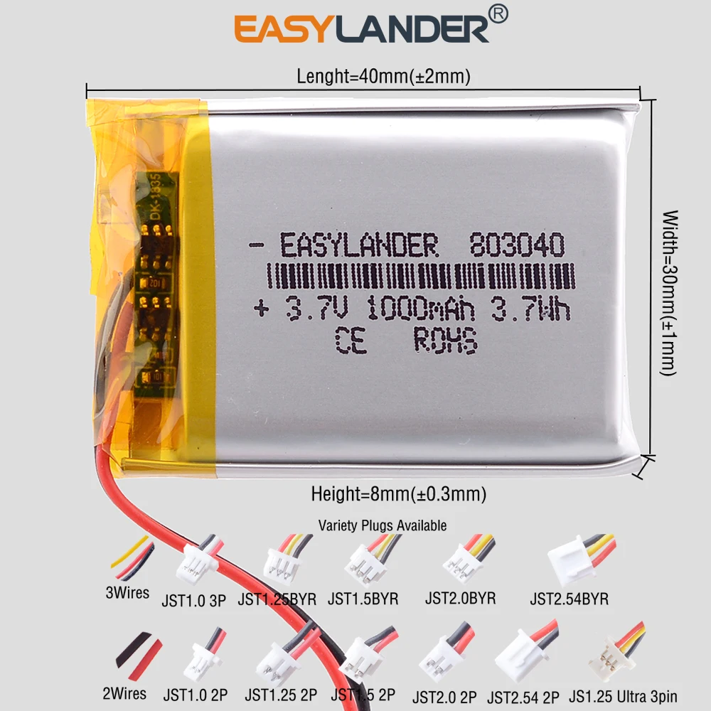 Variety Plugs 803040 3.7V 1000mAh Rechargeable Lithium Lipo Li-ion Polymer Battery