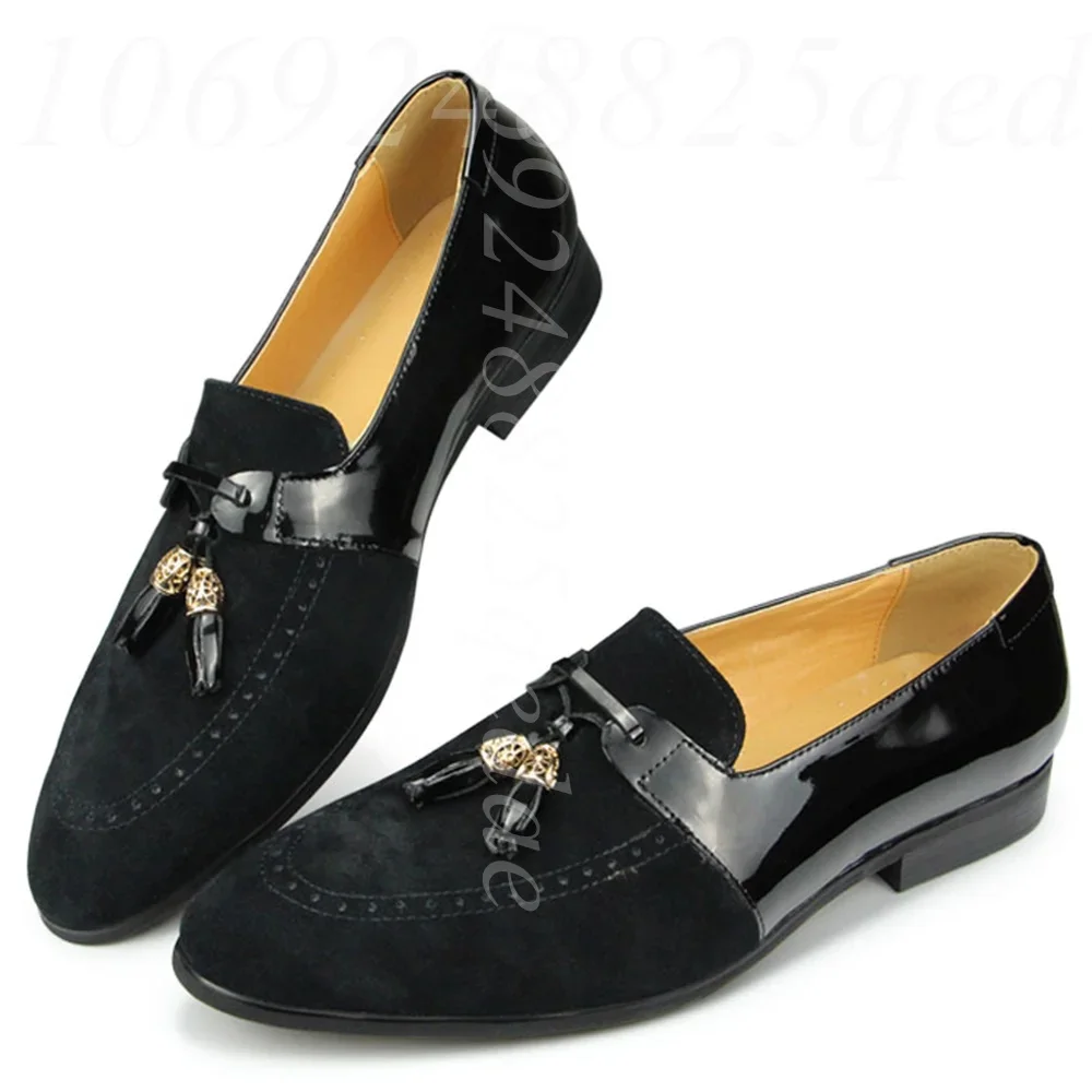 Men's Black Suede & Patent Leather Tassel Loafers with Gold Ornament Slip-On Dress Shoes for Formal Business & Casual Daily Wear