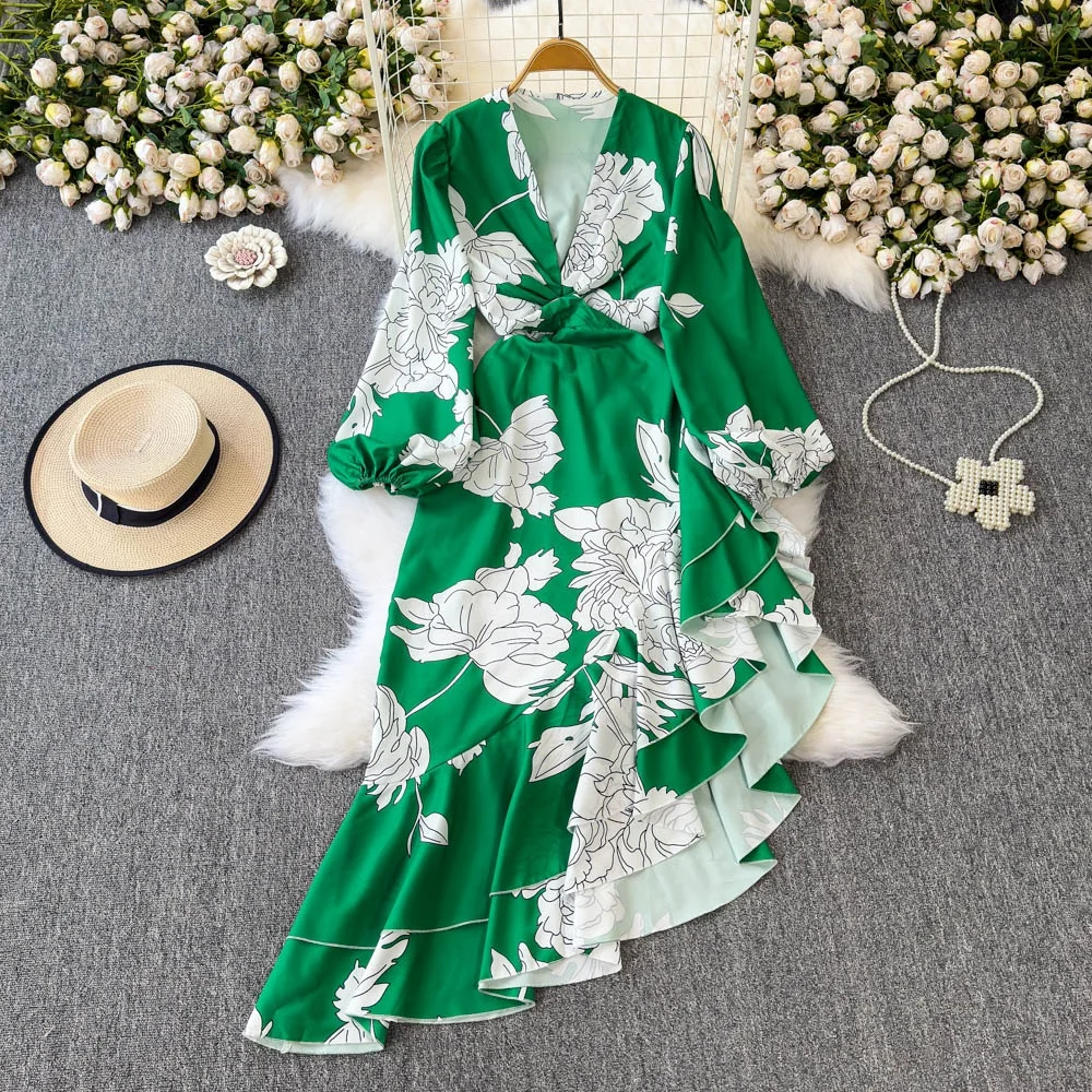 

Clothland Women Sweet Floral Asymmetrical Dress Cut Out Long Sleeve Irregular Beach Wear Chic Midi Dresses Vestido QD930