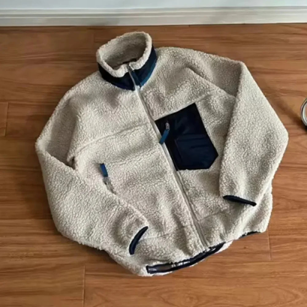 Veste en laine d'agneau ample unisexe, à la mode et universelle, automne et hiver, col montant, fermeture éclair, manteau en laine