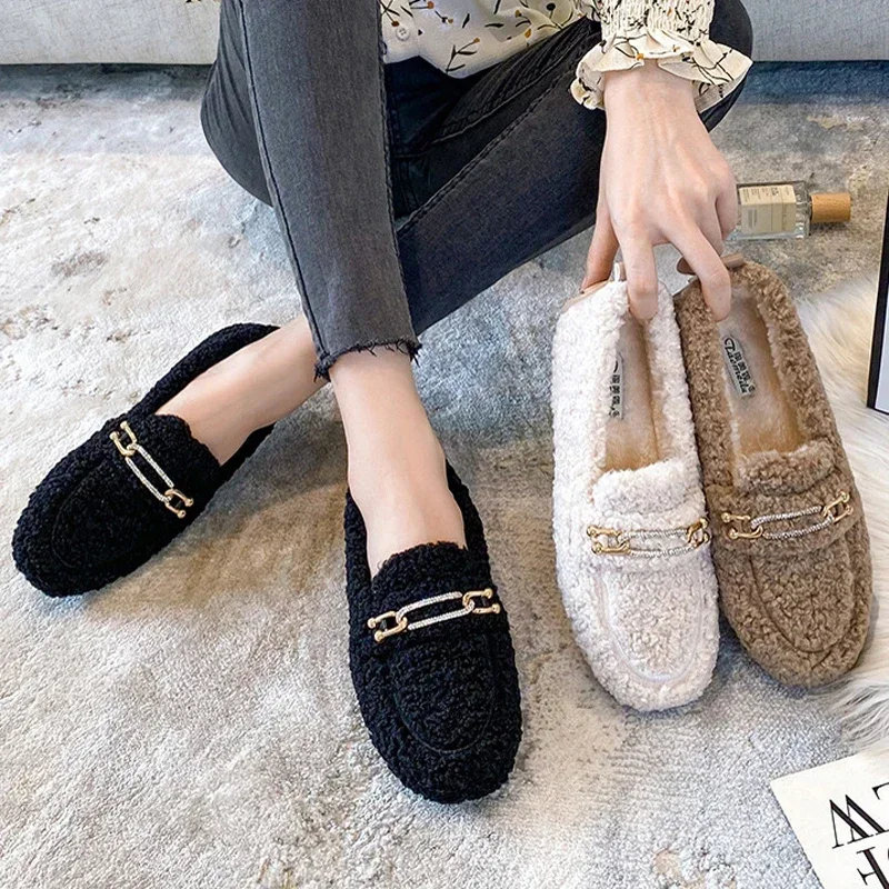 Femme Winter Cotton Shoes Luxury Lambwool Moccasins Warm Plush Loafers Ladies Winter Slip on Furry Flats Shoes Zapatillas Mujer