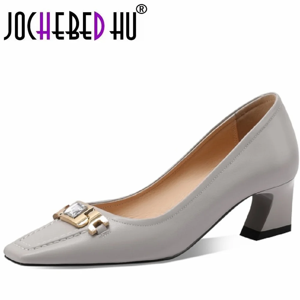 【JOCHEBED HU】Women Handmade Genuine Leather Square Toe Soft and comfortable Metal Dec Mid Heels Office Lady Dress Shoes 33-43