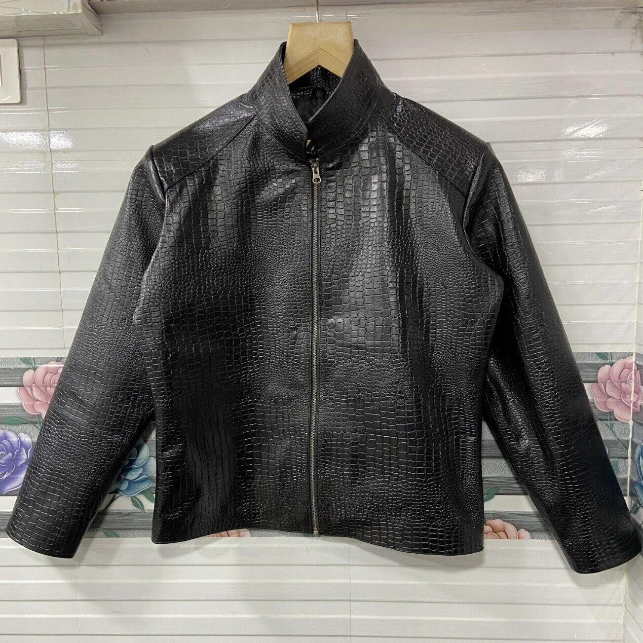 Men Black Real Leather Jacket Crocodile Embossed Biker Motorcycle Vintage Coat