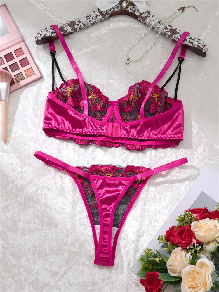 Sexy Lingerie Floral Embroidery Mesh Underwear Romantic Rose Red Lingerie Set Women Push Up Bra See Through Intimate Erotic Sets