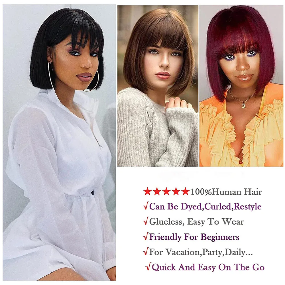 Straight Wig With Bangs Fringe Short Bob Human Hair Wig With Bangs For Women Brazilian Glueless Full Machine Made With Bangs