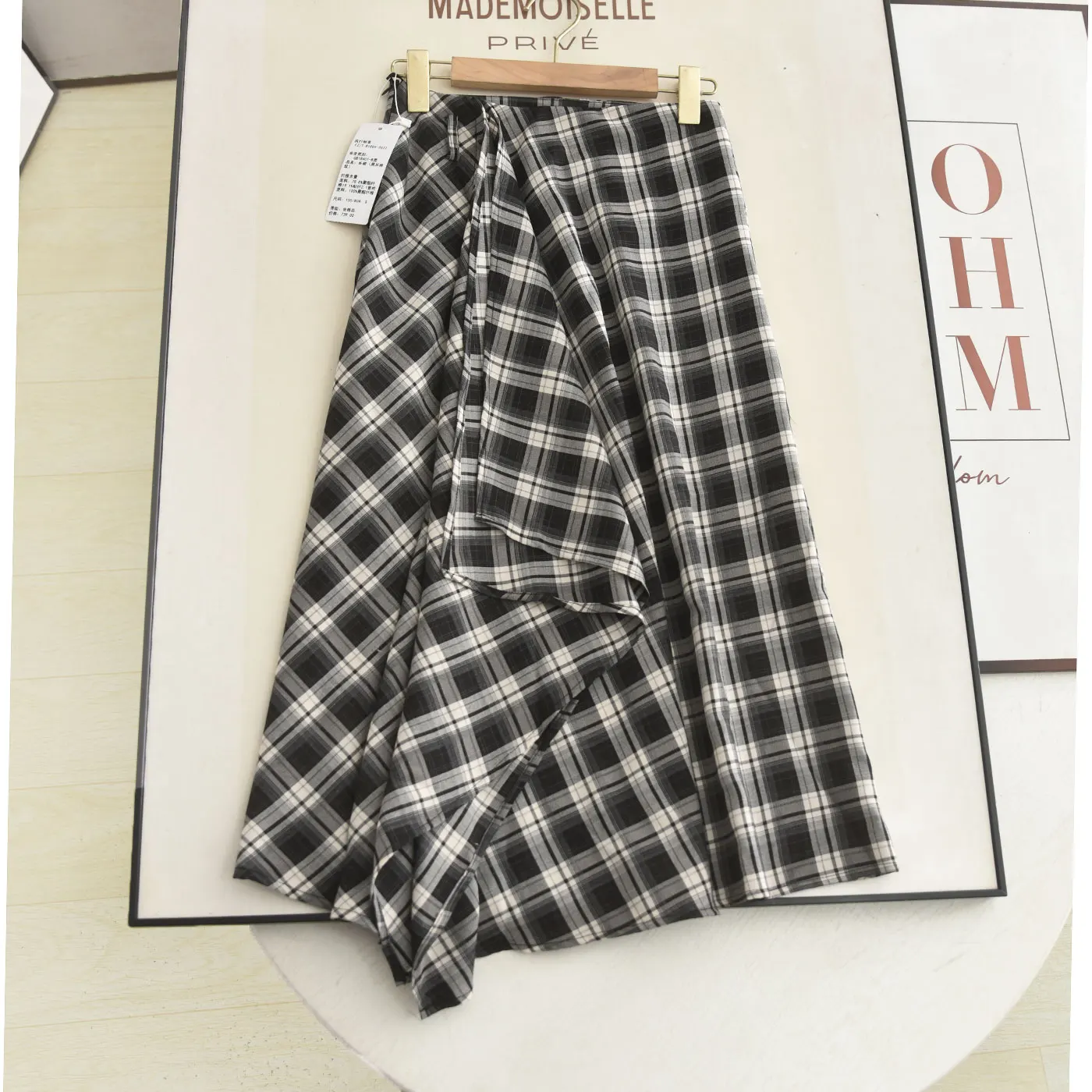 

High Waist A-Line Skirt Retro Plaid Asymmetrical Women's Autumn New Sle Slimming Midi Length f-length Skirt