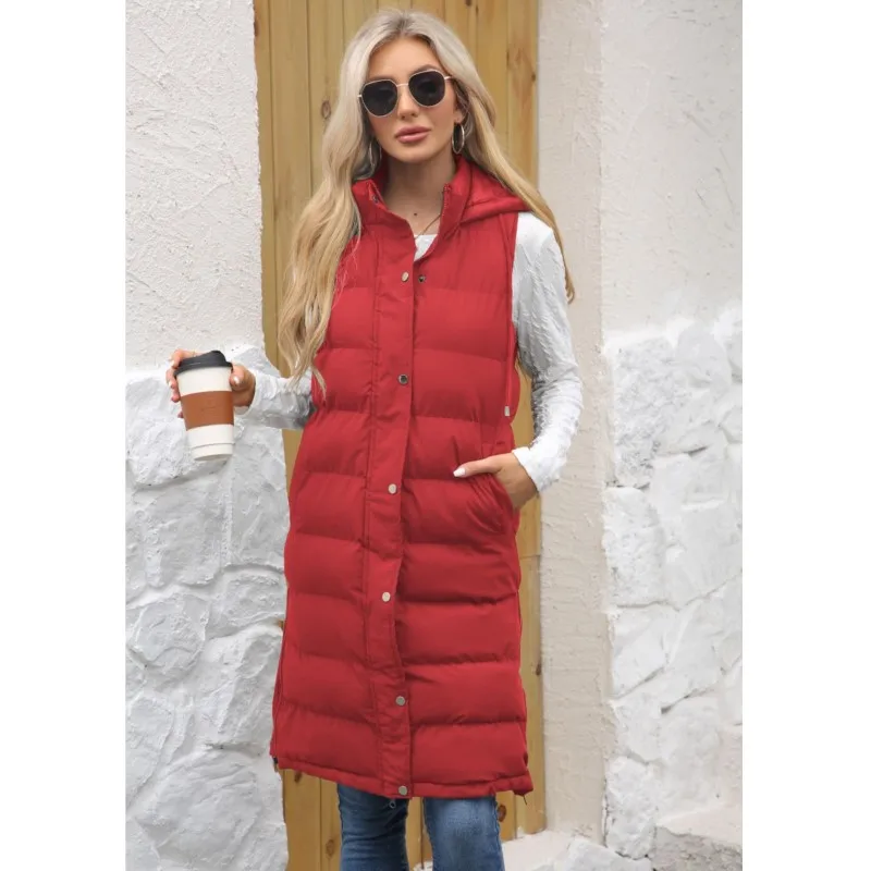 

2025 New Fashionable Hooded Clip Cotton Vest for Women Long Jacket Coat Solid color Sleeveless Zipper Thickened Warm Outfits
