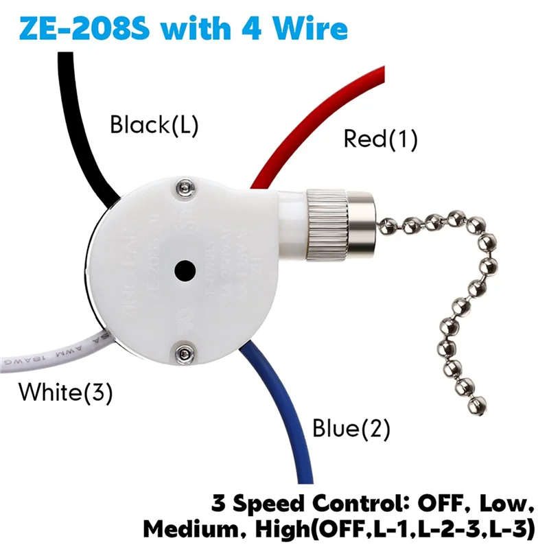 

ABBY-6 Pcs Ze-208S E89885 3 Speed 4 Wire Pull Chain Switch Ceiling Fan Light Switch Replacement Part,A