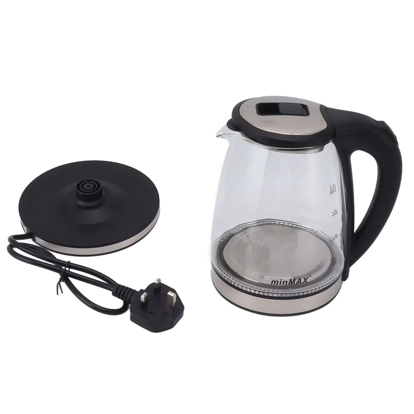 Chaleira de vidro elétrica com aço inoxidável, caldeira de água quente, bule, cafeteira, 220V, 2L, 2000W