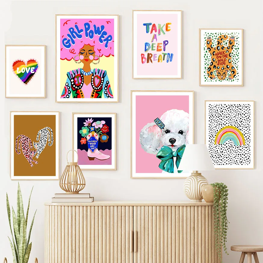 Maximalist Girl Power Wall Art Mural Colorful Pop Art Canvas Prints Rainbow Love Leopard Cowboy Boot Posters Room Dorm Decor