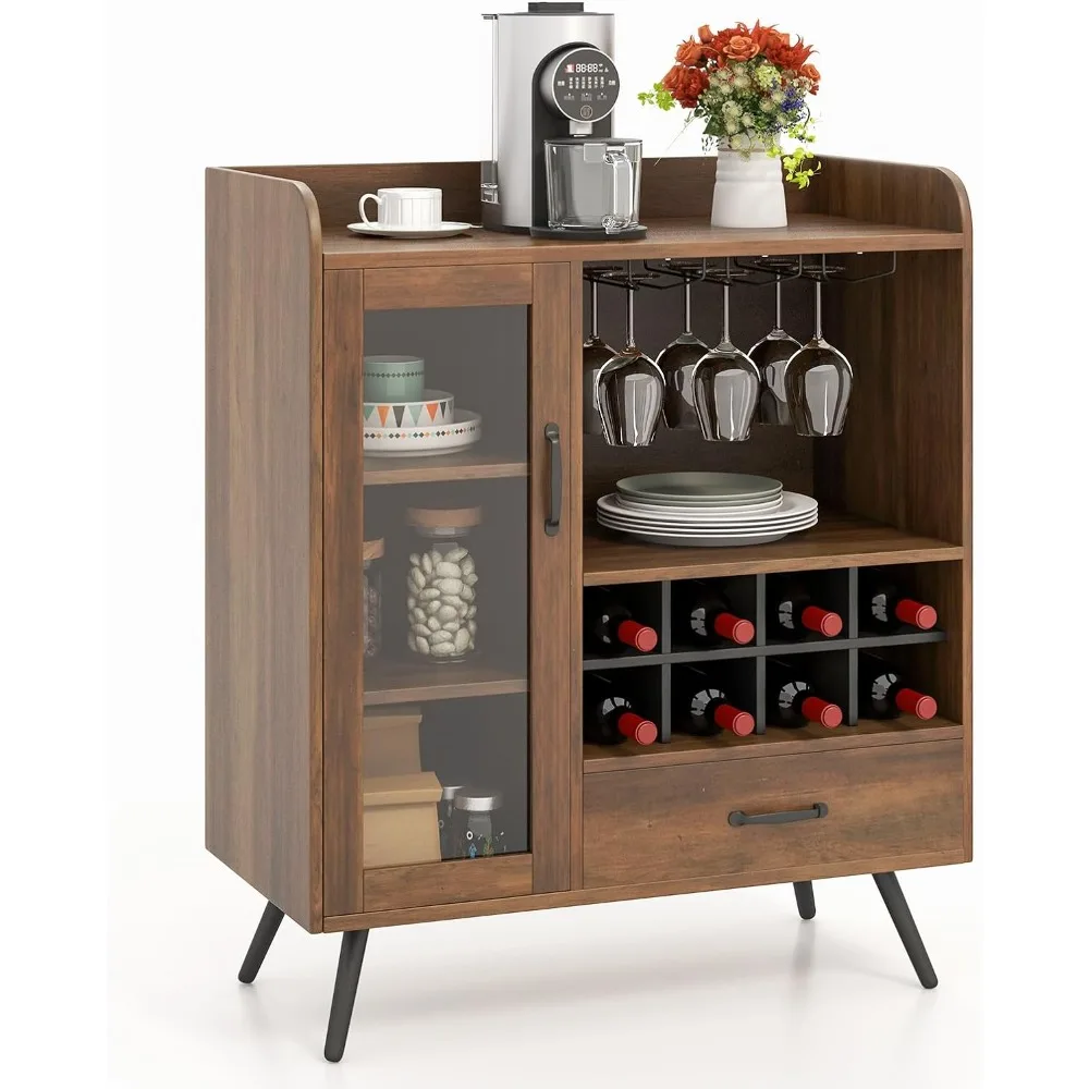 Wine Cabinets with 3-Row Wineglass Holder, Removable Wine Rack, Glass Door & Anti-Tipping Kit, Storage Shelves, Wine Cabinets