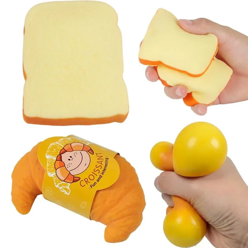 Soft Croissant Toast Sliced Shape Bread Stress Toy Anxiety Relief Fake Food Toy for Kids Adult Tricky Funny Birthday Gifts
